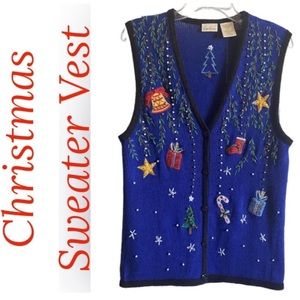 Christmas Sweater Vest Vintage Embroidered Beaded Pearl Red Blue Size Medium